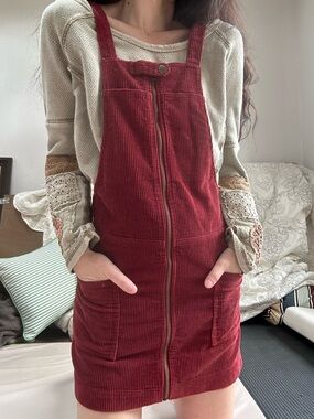 Burgundy corduroy mini overall dress with zipper